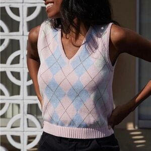 NWT Brandy Melville Baby Pink and Blue Argyle Plaid Cotton Sweater Vest